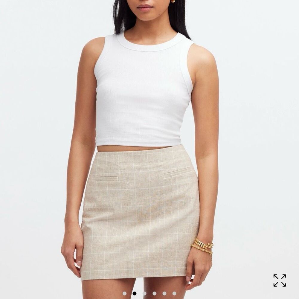 Madewell Welt-Pocket linen blend plaid Mini Skirt Size 6 neutral tan